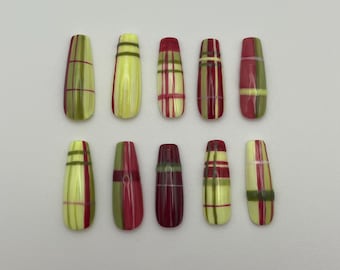 Hand-Painted Striped Press On Nails: Red and Green