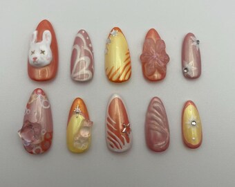 press-on nails | long almond shaped | spring nail set  | bunny nails