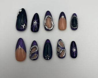 dark nail set | purple and silver nails | long almond press ons