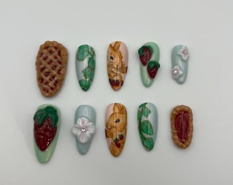 Hand-painted | false nails | almond shape | bunny and strawberry press-on nails