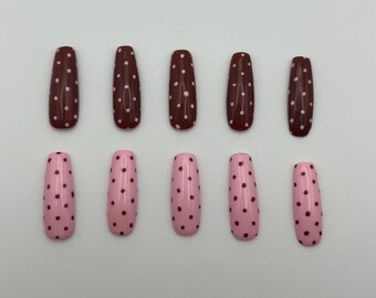 Hand-Painted Press On Nails: Pink and Brown Dots