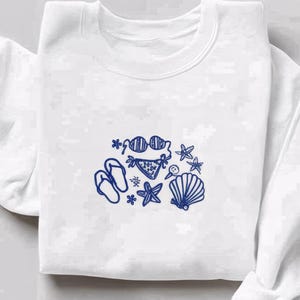 Minimalist Beach Embroidered Sweatshirt, Starfish Coral Wave Icons Crewneck, Coastal Summer Shirt, Ocean Lover Gift for Girl Trips