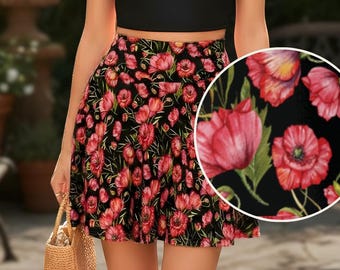 Red Poppy Summer Floral Skater Skirt For Women, Bright Colors Botanical Print Romantic Outfit High Waist Skirt