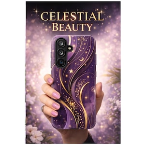 May include: A purple phone case with a celestial design, featuring gold accents, stars, and a crescent moon. The case is held in a hand against a blurred background with the text "CELESTIAL BEAUTY".
