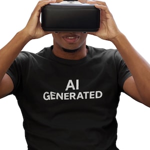 May include: A person wearing a black VR headset and a black t-shirt with the white text "AI GENERATED". The person is holding the VR headset with both hands. The background is white.