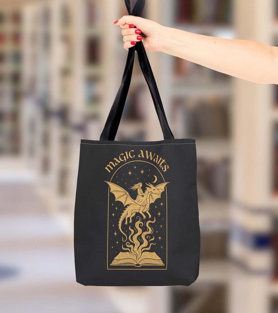 Library Tote Bag - Magic Awaits Dragon Rider Canvas Book Bag  display picture 1