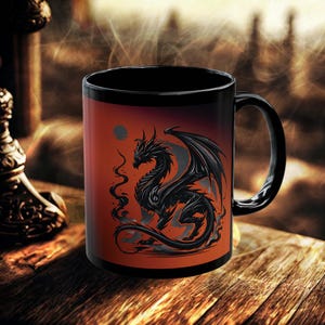 Black Dragon Coffee Mug - Cool Gothic Fantasy Gift - Dragon Art Mug - Gift for Dragon Lovers and Gamers - Black Ceramic Cup, 11oz