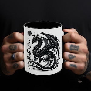 Black Dragon Coffee Mug - Cool Gothic Fantasy Gift - Dragon Art Mug - Gift for Dragon Lovers and Gamers - Black & Red, 11 oz and 15 oz