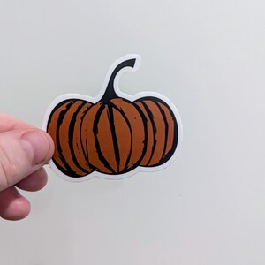 May include: A sticker featuring a stylized orange pumpkin with black vertical lines and a curved stem. The pumpkin has a white border. The sticker is held by a hand against a white background. Perfect for fall and Halloween.