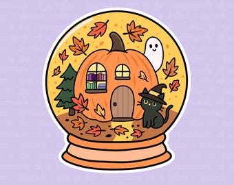 Halloween Pumpkin House Sticker | Waterproof Vinyl Sticker | Cute Fall Cat Sticker | Ghost Autumn Sticker for Laptop, Journal, Water Bottle
