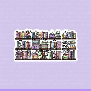 May include: A waterproof vinyl sticker featuring a whimsical illustration of bookshelves filled with Halloween-themed books and decorations. The sticker includes text such as "Creepy", "Bats", and "October".