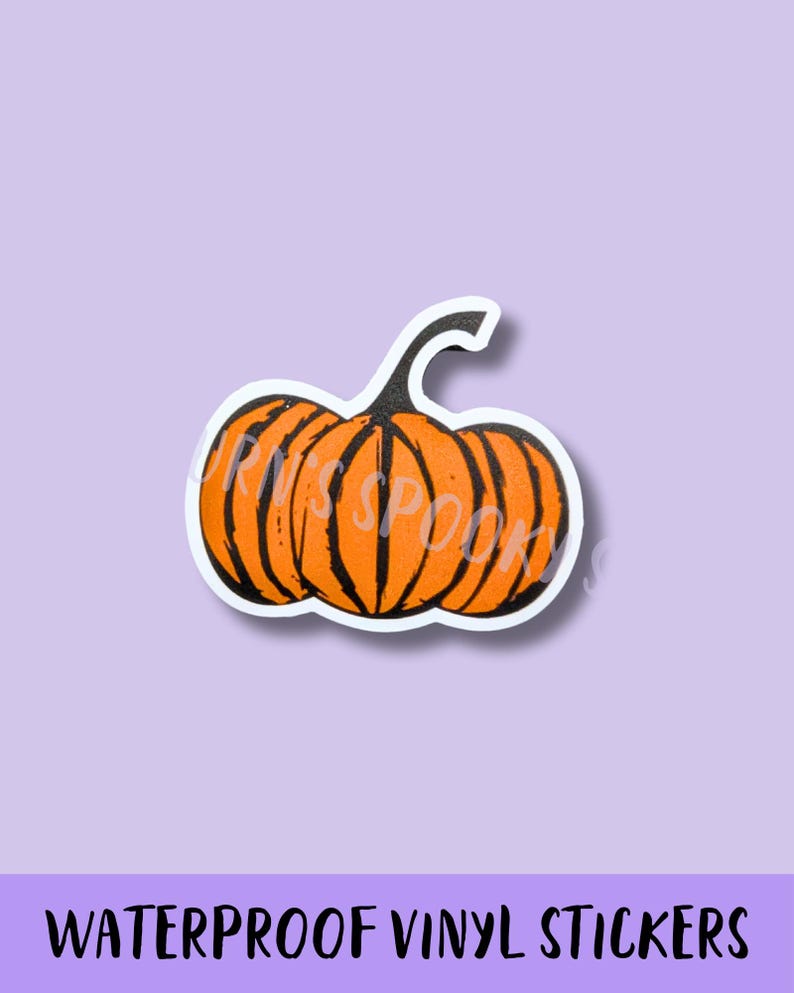 May include: Orange pumpkin sticker with black vertical lines and a curved stem. The sticker has a white border and the text "Miss Spooky" is visible on the pumpkin. The words "Waterproof Vinyl Stickers" are at the bottom.