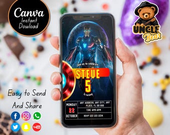 Invitación de cumpleaños de Iron Man, plantilla de teléfono de superhéroe (digital)