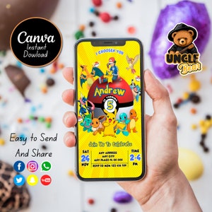 May include: A digital invitation for a 5th birthday party featuring a yellow background with a Pokemon theme. The invitation includes the name Andrew, the date Saturday, November 24th, and the time 2-4 PM. The invitation also includes a phone number to RSVP.