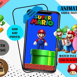 Convite de vídeo de aniversário do Super Mario, convite de vídeo do Mario, convite do Mario, convite de vídeo digital, convite animado, convite do Mario