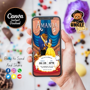 Invito di compleanno modificabile La bella e la bestia per cellulare / Invito per festa di compleanno / Invito di compleanno modificabile Canva / Ragazze del compleanno
