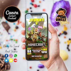 Minecrafter Birthday Invitation | Mine Kids Birthday Mobile Invite, Mine Template Birthday Evite | Editable in Canva Invite Instant Download