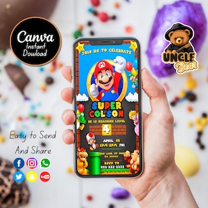 Super Mario Bros Mobile Digital Geburtstagseinladung | Super Mario | Bearbeitbare druckbare Mario-Vorlage | Leinwand Digital Gedruckt