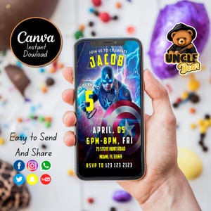 Invito di compleanno modificabile di Capitan America, festa a tema Capitan America, invito digitale Capitan America, invito alla festa Capitan America