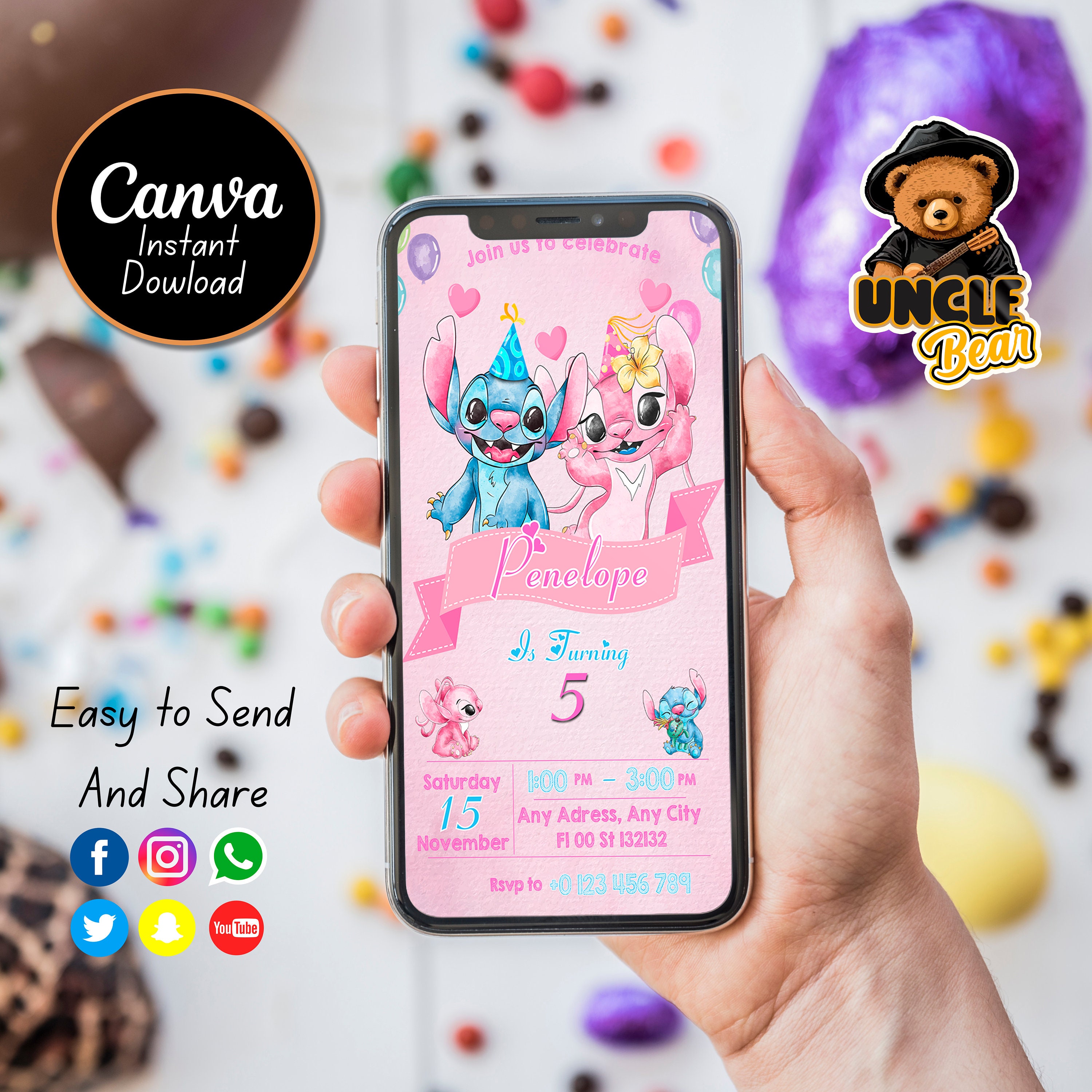 Editable Mobile Stitch Birthday Invitation Template, Birthday Party Invitations, Digital Kids Party Invite, Instant Download Evite Bday Card