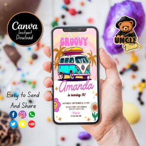 Convite de aniversário Groovy editável de <br> Entrega Rápida? Convite de festa retro | Convite de aniversário móvel | Convites de aniversário neutros