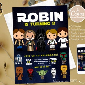 Bewerkbare Star Wars-verjaardagsuitnodiging, afdrukbare uitnodiging voor kinderfeestje, Star Invite, Wars-uitnodiging, Darth Vader-verjaardagsuitnodiging