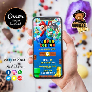 Digitale verjaardagsuitnodiging Super Mario Bros Mobile | Super Mario | Bewerkbare afdrukbare Mario-sjabloon | Digitaal bedrukt op canvas
