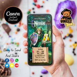Editable The Legend of Zelda Birthday Electronic Invitation, Mobile Size, Canva Template.