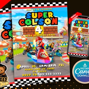 Mario Kart Geburtstagskind einladen | Mario Geburtstagseinladung | Mario Geburtstagsparty Mottokarte | Digital einladen | Kinder Geburtstagseinladung 13x18