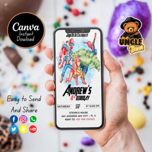 Convite móvel editável do aniversário dos Vingadores | Convite do aniversário dos super-heróis | Aniversário Evite | Digital Kids Evite, download instantâneo do Canva