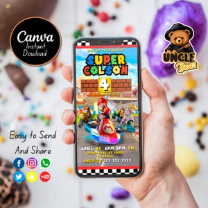Invitation d'anniversaire numérique mobile Super Mario Bros | Super Mario | Modèle Mario imprimable modifiable | Impression numérique sur toile