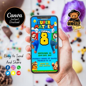 Convite móvel do aniversário de Super Mario Bros Digital de <br> Entrega Rápida? Super Mário | Modelo editável e imprimível do Mario | Canva Impresso Digital