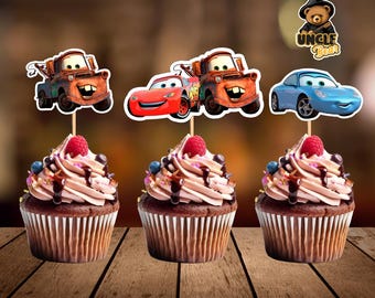 Set of 4 Cars Cupcake Toppers, 4 Printable Cars Cupcake Toppers, Cupcake Toppers, Cars, Instant Download, lightning McQueen Cupcake Topper