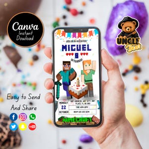 Minecrafter Birthday Invitation | Mine Kids Birthday Mobile Invite, Mine Template Birthday Evite | Editable in Canva Invite Instant Download