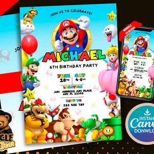 Convite de aniversário do Mario | Convite de aniversário do Mario | Cartão com tema de festa de aniversário do Mario | Convite digital | Convite de aniversário infantil 5x7