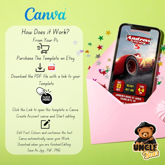 Cars Birthday Invitation | Kids Birthday Mobile Invite | Lightning McQueen Evite, Editable Personalized Canva Printable Digital Invitation