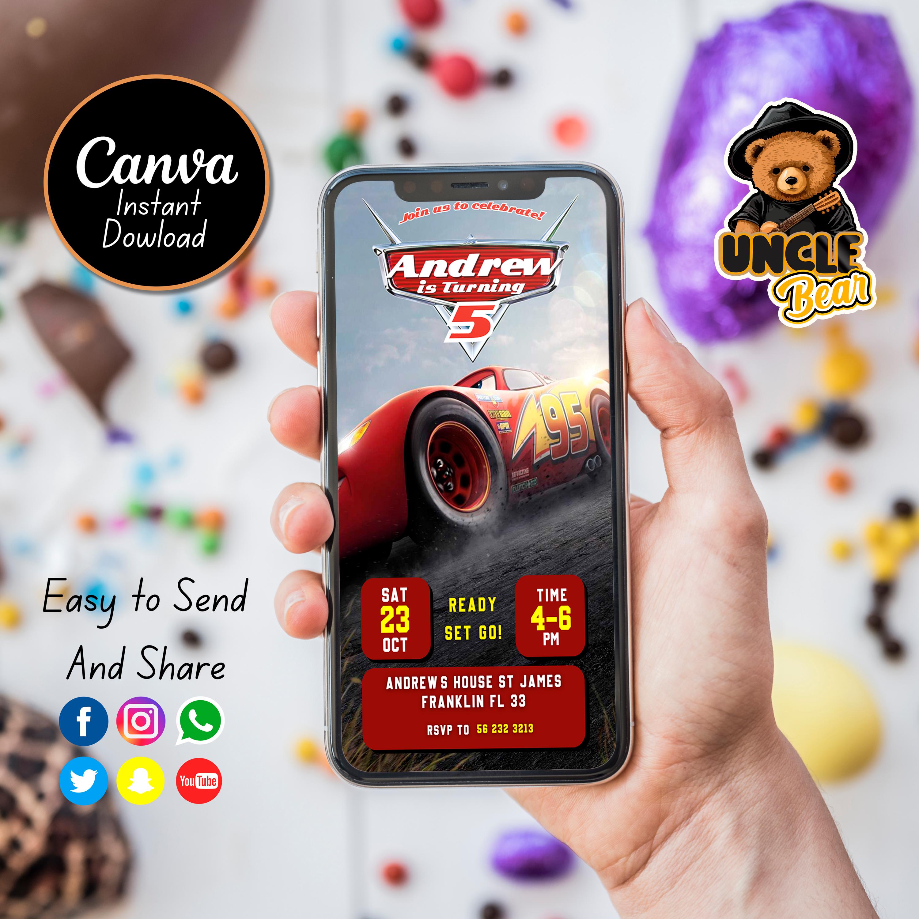 Cars Birthday Invitation | Kids Birthday Mobile Invite | Lightning McQueen Evite, Editable Personalized Canva Printable Digital Invitation