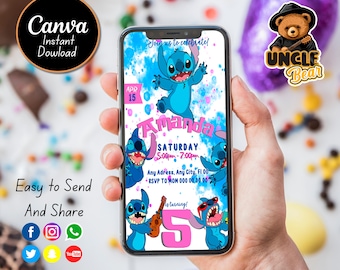 Editable Mobile Stitch Birthday Invitation Template, Birthday Party Invitations, Digital Kids Party Invite, Instant Download Evite Bday Card
