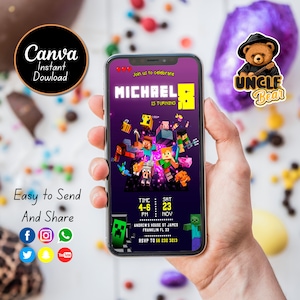Minecrafter Birthday Invitation | Mine Kids Birthday Mobile Invite, Mine Template Birthday Evite | Editable in Canva Invite Instant Download