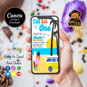 Convite de aniversário Groovy editável de <br> Entrega Rápida? Convite de festa retro | Convite de aniversário móvel | Convites de aniversário neutros