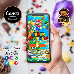 Super Mario Bros Mobile Digital Geburtstagseinladung | Super Mario | Bearbeitbare druckbare Mario-Vorlage | Leinwand Digital Gedruckt