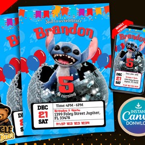 Editable Mobile Stitch Birthday Invitation Template, Birthday Party Invitations, Digital Kids Party Invite, Instant Download Evite Bday Card