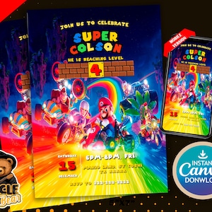 Convite de aniversário de Mario Kart para menino | Convite de aniversário de Mario | Cartão com tema de festa de aniversário de Mario | Convite digital | Convite de aniversário infantil 5x7