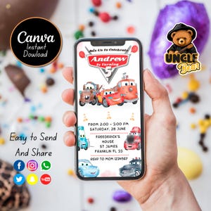 Convite do aniversário dos carros | Convite móvel do aniversário das crianças | Relâmpago McQueen Evite, convite digital editável e personalizado para impressão em Canva