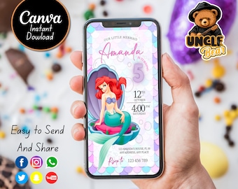 Little Mermaid Birthday Invitation The Little Mermaid Invitation Ariel Theme Digital Party Mobile e-invite Mermaid Electronic Evite EDITABLE