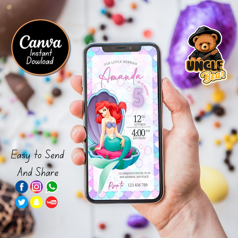 May include: A digital invitation for a little mermaid themed birthday party. The invitation features a cartoon image of Ariel from The Little Mermaid sitting on a seashell. The text on the invitation reads "Our Little Mermaid Amanda is turning 5. 12th October 4:00 PM Saturday. 123 Amanda's House, FL00 Any Address, Any Place. R.S.V.P. to 123 456 789."