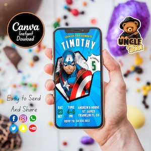 Invito di compleanno modificabile di Capitan America, festa a tema Capitan America, invito digitale Capitan America, invito alla festa Capitan America