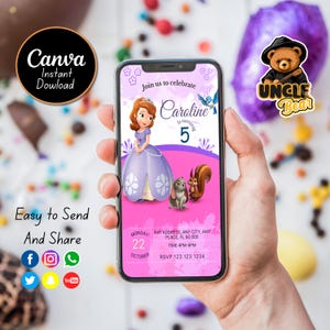 Editable Sofia the first invitation, sofia the first birthday party invitation, sofia princess mobile cell digital birthday party invitation
