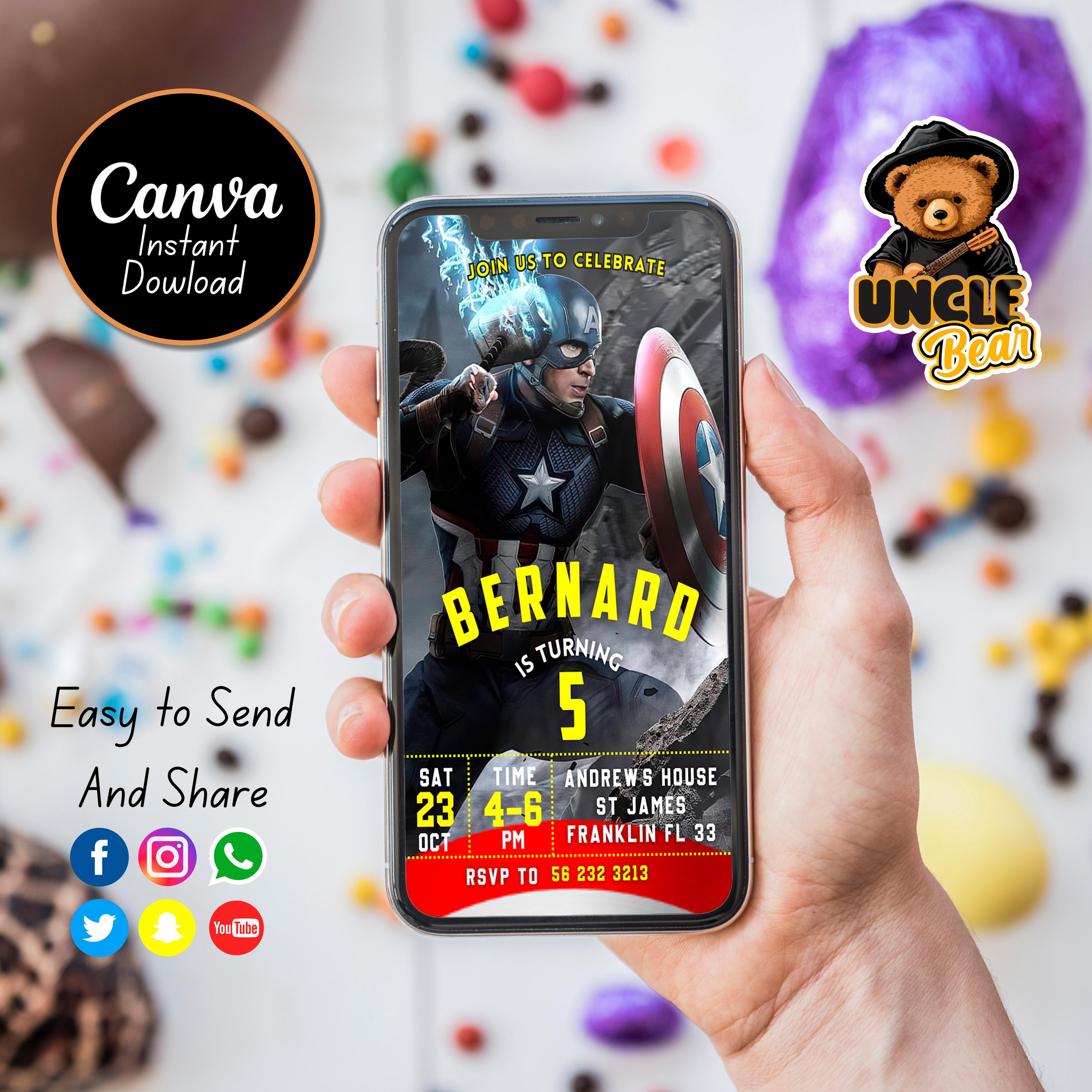 Editable Captain America Birthday Invitation, Capt America theme Party, Captain America Digital Invitation, Capt America Party Invite