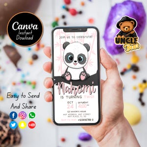 Modèle mobile d'invitation d'anniversaire panda modifiable, invitations de fête d'anniversaire, invitation numérique de fête d'enfants, carte d'anniversaire Evite